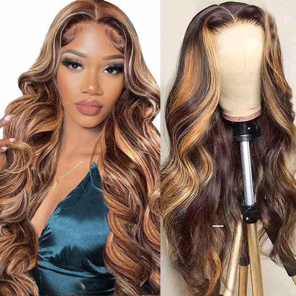 4/27 Highlight Lace Front Wigs Human Hair 200% Density 13x4 Transparent Full Frontal Wig With Elastic Band Wear And Go Glueless Wigs Body Wave Brazilian 100% Virgin Human Hair Wigs for Women 24 Inch