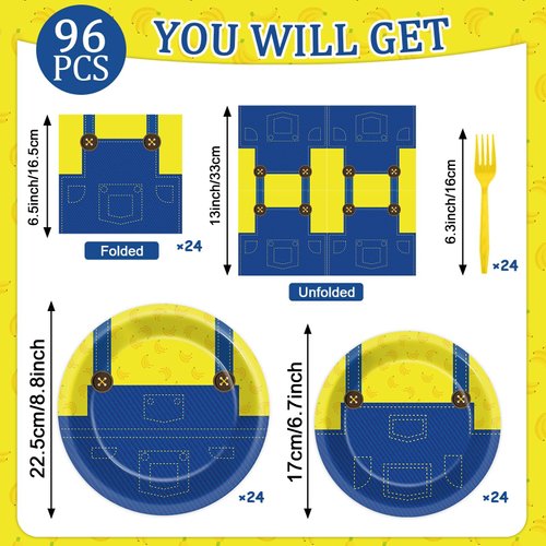 96Pcs Yellow Cartoon Party Supplies Yellow Cartoon Paper Plates Napkins Yellow Cartoon Party Tableware Set Yellow Cartoon Dinnerware for Girl Birthday Party Baby Shower Decoration Serve 24