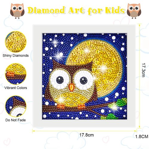 AUAUY 5D Diamond Art Kit for Kids, Art Crafts Kits with Wooden Frame, Cartoon Diamond Art Easy Kits, Anime Full Drill Diamond Art Gem Painting for Girls Boys Beginners (Owl)