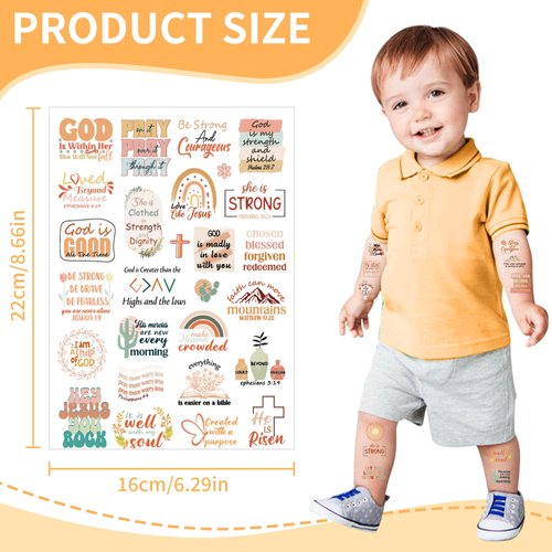 Christian Temporary Tattoos Stickers - 6 Sheets Bible Verse Birthday Party Favors Decorations, Boho Christian Party Supplies, Classroom Prize Rewards (3 Styles)