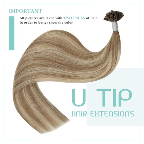 YoungSee Utip Hair Extensions Human Hair Balayage Light Brown Ombre Platinum Blonde U Tip Keratin Hair Extensions to Get Natural Looking Utips Extensions Real Human Hair Silky Straight 16In 1G/S 50G