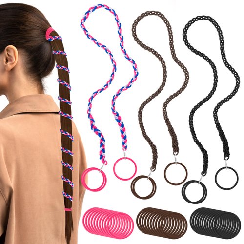 ARefugen 3 Pack 35" Strong Hair Ties and 30Pcs Elastics Hair Ties for Long Thick Hair, Elastics 4mm Hair Tie Scrunchies Ponytail Holders Hair Accessories for Water Wind Sports (Purple Black Brown)