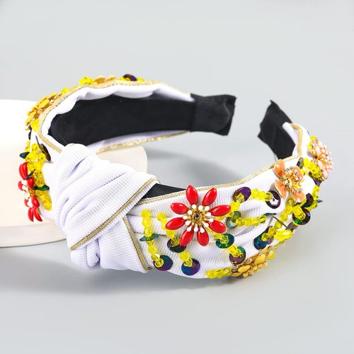 QTMY Rhinestone Crystal Wide Headbands Knot Turban Fashion Vintage Hairband Elastic Hair Hoops Hair Accessories for Women Girls,Purple (White&Colorful Flowers)