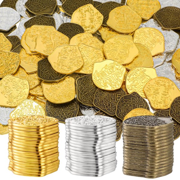 Hanaive 200 Pcs Metal Pirate Coins Set, Pirate Gold Coins Treasure Chest Spanish Doubloon Fake Coins Tokens for Boys and Girls Board Games Pirate Party Cosplay (Gold, Silver, Bronze)