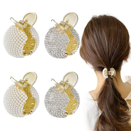 4 Pack Rhinestone Pearl Claw Clips Small Hair Clips for High Ponytail High Ponytail Claw Clip Rhinestones Pearl Hairpin Strong Hold Hair Accessories for Women and Girls (Rhinestone + Pearl)