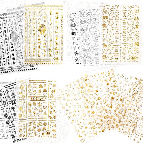 Gold Star Nail Stickers, Zodiac Nail Decal and Charms Kit for Acrylic Nail Art, Mini Universe Moon Rhinestones Professional Designer Old English Letters Assecories Self Adhesive Sheets Horoscope Gifts