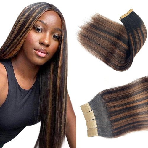 Tape in Hair Extensions Human Hair, Yaki Straight Natural Black Hair Extensions Real Human Hair Balayage Brown Highlights Remy Human Hair 18 Inch 50g/pack 20pcs Tape Hair Extensions for Black Women