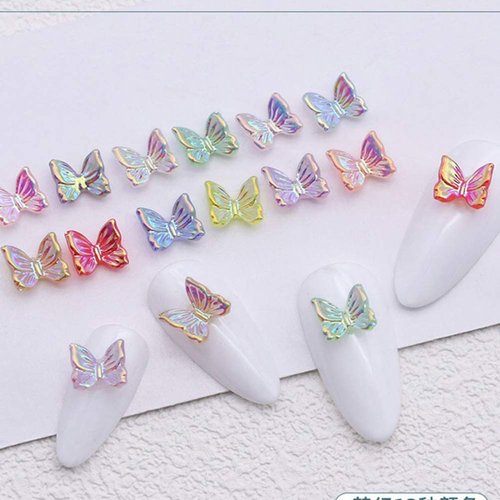 SUKPSY 50 Pcs 3D Mix Color Cute Butterfly Resin Nail Art Decorations Aurora Glitter Nail Charm Or...