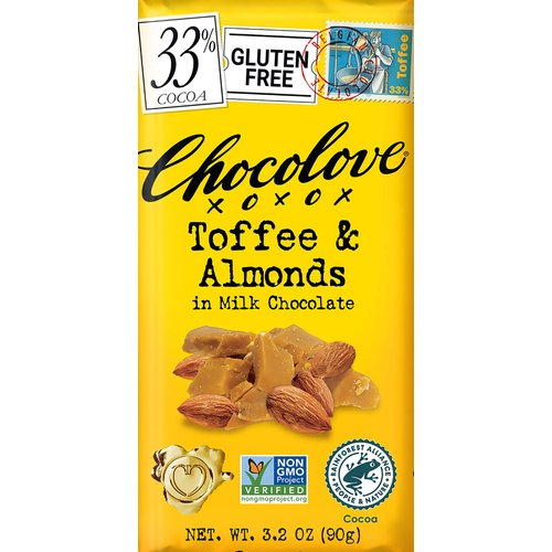 Chocolove Toffee and Almonds in Milk Chocolate, 33% Cacao | 12 Pack | Non GMO, Rainforest Alliance Certified Cacao | 3.2oz Bar