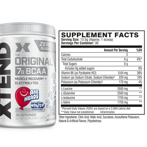 XTEND Original BCAA Powder Airheads White Mystery | ZERO CARB, ZERO SUGAR - Post Workout Muscle Recovery Drink with Amino Acids - 7g BCAAs for Men & Women | 30 Servings