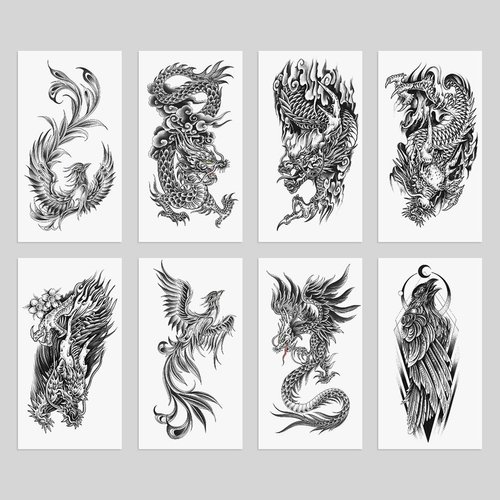 Oottati 8 Sheets Waterproof Arm Temporary Tattoo Stickers Black Flying Dragon Phoenix