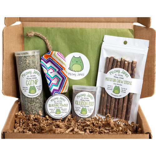 Catnip Alternative Variety Box with Handmade Refillable Mouse Toy - Catnip, Valerian Root, Silvervine Powder, Matatabi Sticks - Cat Toy and Cat Treat Sampler - Cat Gift Box