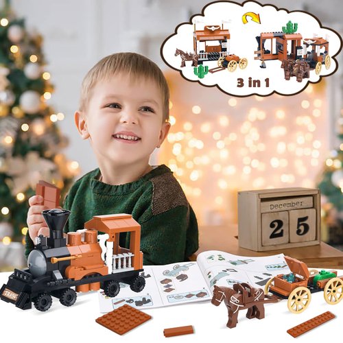 3in1 Train Horse Carriage Building Kit, Horse Stable and Animal Horses, Inn and Carriage with Horn Decoration, Creative Western Cowboy Themed Gifts for Boys Ages 6 Years and Up, 212 Pcs