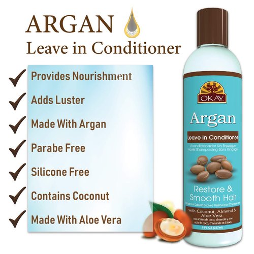 OKAY | Argan Leave In Conditioner | For All Hair Types & Textures | Restore, Hydrate & Smooth Hair | With Coconut, Almond, & Aloe Vera | Free Of Parabens, Silicones, Sulfates | 8 Oz