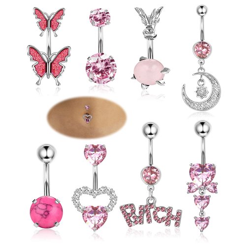 Florideco 14G Belly Button Ring for Women Surgical Steel Belly Barbell Piercing Jewelry Cute CZ Heart Butterfly Belly Ring Navel Rings Pack Pink