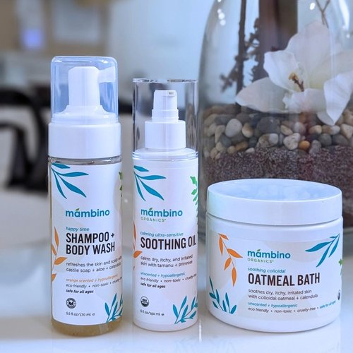Mambino Organics Soothing Bath Set - Organic Colloidal Oatmeal Bath Soak, Soothe Me Shampoo & Body Wash, CalmingOil - Cruely-Free & Vegan Bath Products