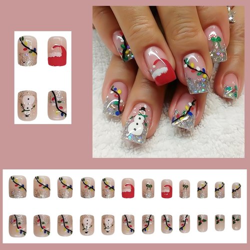 24Pcs Christmas Glitter Press on Nails Short Square Snowman French Tip Nude Design Fake Nails Xmas Cute Stick on Nails Winter Holiday Acrylic Glossy False Nails for Women and Girls Glue on Nails