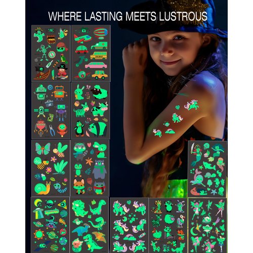 Gibaniza Glow Temporary Tattoos for Kids,12 Sheet Luminous Tattoo Sticker Pack with Mermaid,Dinosaur,Space,Pirate Designs - Boys & Girls Glow Party Favors Supplies