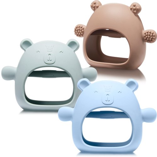 Chumia 3 Pack Baby Teether Teething Toys for Babies 0-6 Months Baby Teething Toy Silicone Anti Dropping Infant Hand Teether Pacifiers Wrist Hand Chew Toys for Sucking Needs (Blue, Caramel, Green)