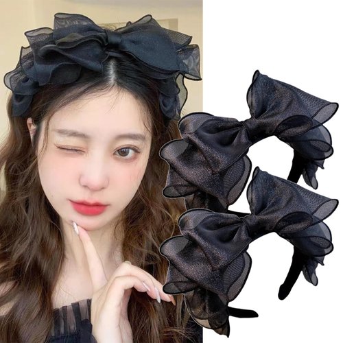 auwiyd 2 PCS Retro Black Mesh Big Bow Headband Lolita Black Hair Hoop for Women Girls French Style Bowknot Hair Band Hair Daily Use Accessories