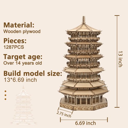 Krfapt Wooden Pagoda 3D Wooden Puzzle - DIY Wood Craft Kits for Adults to Build Best Gift for Birthdays and Party Favors Age 14+(Six-Storied Pagoda) (1287 PCS)