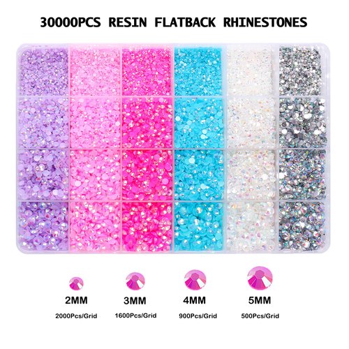 30000PCS Resin Flatback Rhinestones Kit, Jelly Resin Non-Hotfix Rhinestones for Crafts DIY Design, Tumblers, Clothes, Makeup, Nail Art 2mm, 3mm, 4mm, 5mm (Pink Purple Rhinestones)