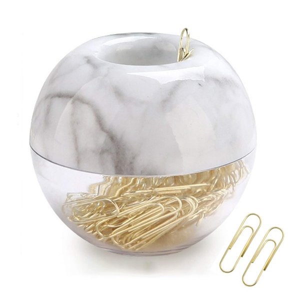 Magnetic Paper Clip Holder, Marble White Holder with Gold Paper Clips 100pcs 28mm(1.1") Cute Office Supplies for Desk Organizer