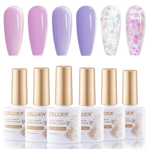 Gellen Gel Nail Polish Set - 2 Shades Pastel Pink Purple Solid Gel Polish 2 Colors Jelly Baby Pink Violet Nail Gel Polish 2 Glitter Jelly Nail Polish, Soak Off LED Gel Nail Kit Nail Art Manicure Gifts