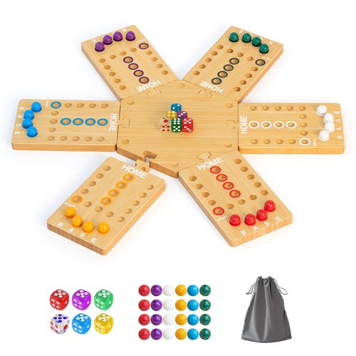 Marble Board Game, Wooden Board Game for 2-6 Players, Portable Fast Track Board Game with 24 Marbles and 6 Dice for Family Friends, Party Game Night