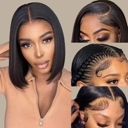 VYCRAVE 14 Inch Bob Wig Human Hair 13x4 HD Transparent Lace Front Wigs Human Hair Pre Plucked with Baby Hair Glueless Wigs Human Hair 180% Density Straight Frontal Lace Wigs for Women Natural Color
