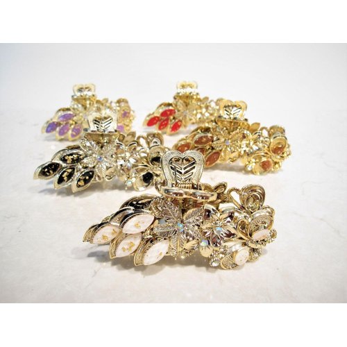 Generic Gold acrylic metal looking hair claw clamp clips with jewels and crystals (Primary color: Red), 1 Count (Pack of 1)