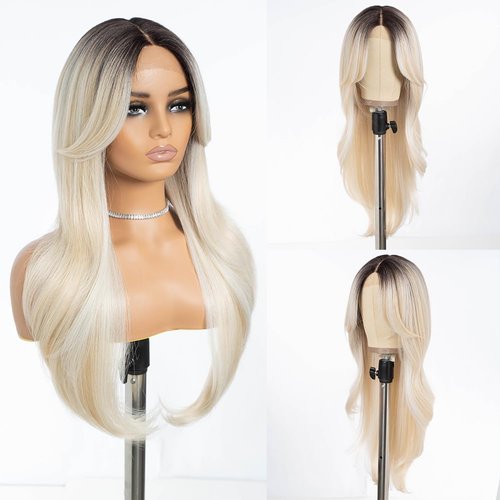 Remy Forty Synthetic HD Lace Front Wigs Long Wigs similar to Human Hair Wig Glueness Pre Plucked Wigs with Bangs of Door Curtain Style (TTPG 6/613F/1001E, 26 inches)