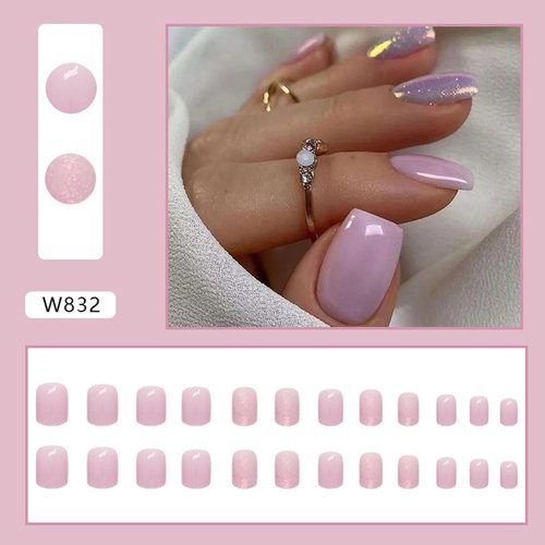 Light Purple Press on Nails Short Coffin Fake Nails Solid Color False Nails with Aurora Glitter Designs Full Cover Stick on Nails Acrylic Square Artificial Nails Glue on Nails for Women Nail Art 24Pcs