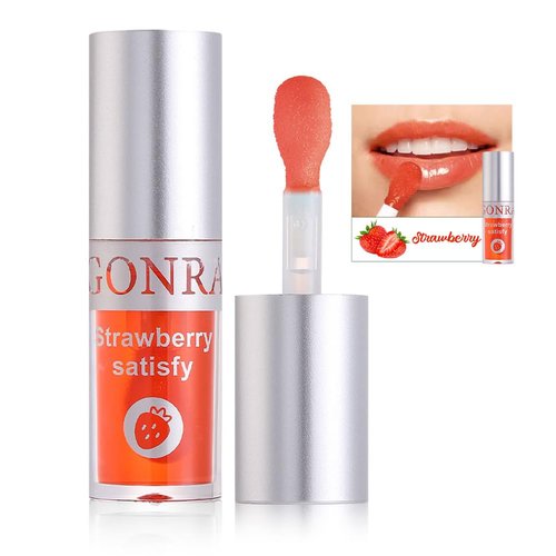 AKARY Hydrating Lip Glow Oil with Big Brush Head, Lip Care Lip Gloss Lip Tint No-Sticky Transparent Moisturizing Lip Balm, Natural Lip Plumper Gloss Make Lips Fuller and Moisturizing-06 Strawberry