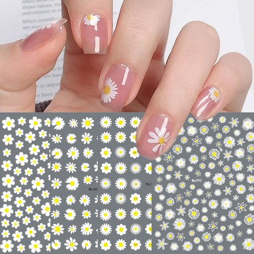 12 Sheets Spring Daisy Sunflower Nail Art Stickers Decals Self Adhesive Cute Summer White Yellow Flowers Floral Design Manicure Tips Nail Decoration for Women Girls Kids
