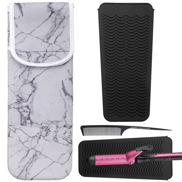 Heat Resistant AngleKai Neoprene Pouch for Curling Iron, Straightener, and Hot Hair Tools - 3 Pack with Comb and Silicone Case