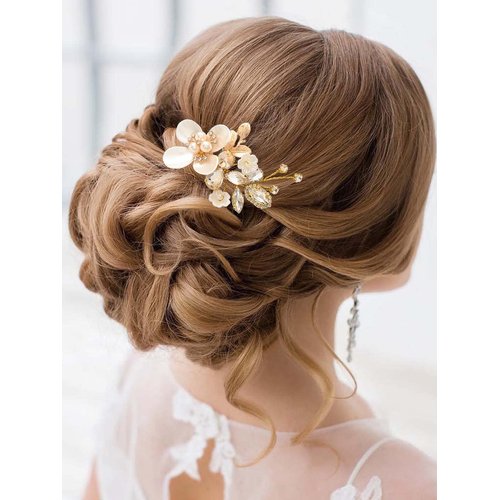 Catery Flower Bride Wedding Hair Comb Gold Hair Piece Crystal Bridal Side Comb Champagne Rhinestone Headpiece Floral Bridesmaid Hair Clips Hair Accessories for Women and Girls