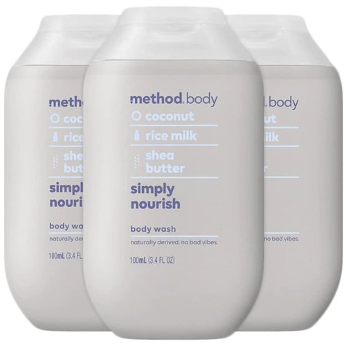 Method Body Wash Simply Nourish, Coconut, Rice Milk and Shea Butter Plant Based Ingredients, Paraben and Phthalate Free, Mini Travel Size 3.4 oz (Pack of 3)