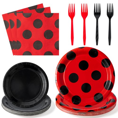 G1ngtar 96Pcs Ladybug Party Plates Supplies - Red and Black Polka Dot Tableware Decorations Cute Lady Bug Disposable Paper Plates Napkins Forks for Kids Birthday Baby Shower, Serves 24 Guests