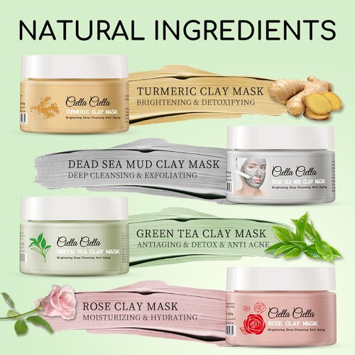 Ciella Ciella 4pcs Clay Mask for Face,Dead Sea Mud Mask,Mud Masks for Face,Pore Cleansing Mask,Facial Masks for Women Skin Care,Green Tea Face Mask,Tumeric Face Mask,Rose Face Mask(16.93oz)