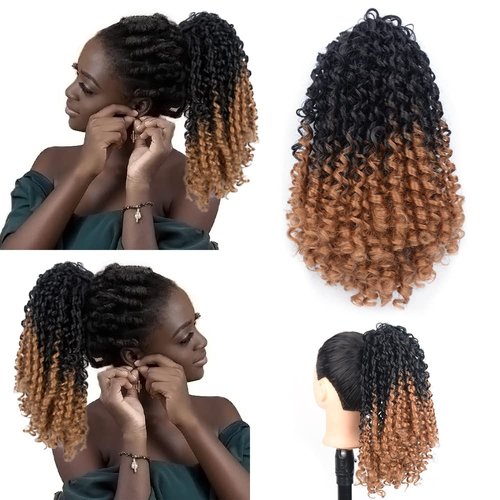 Yinmei Baibian Curly Drawstring Ponytail Hair Extensions 12inch Short Ombre Brown Curly Wavy Ponytail With 2 Clips in Pony Tail Hairpiece for Black Women Girls(1B30#)