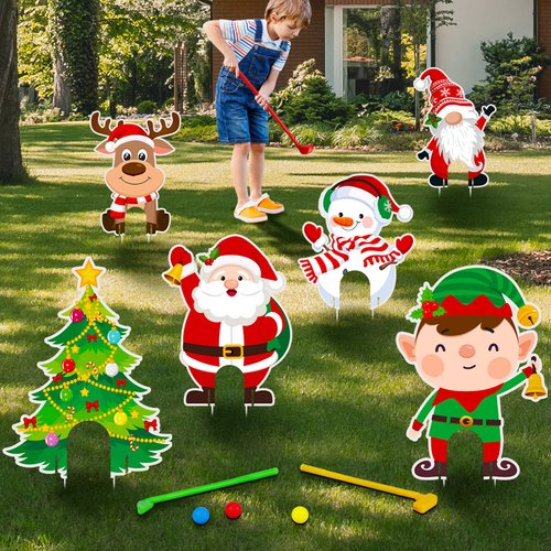 Christmas Golf Game Set Include 6 Christmas Yard Signs with 12 Stakes 3 Golf Clubs and 3 Golf Balls Holiday Lawn Decorations for Outdoor Indoor Games Xmas Holiday Party Supplies
