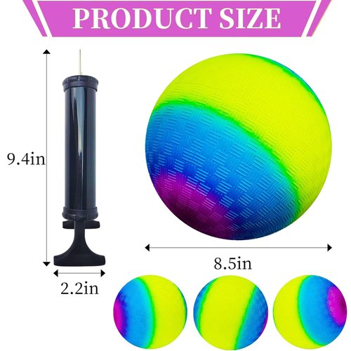 Erinnmy 4 Pcs Rainbow Playground Balls with 1 Hand Pump,8.5 Inch Neon Sports Balls,Inflatable Multi Colors Kick Balls Handball,Colorful Rubber Bouncy Balls for Kids Adults Indoor Outdoor Games Use