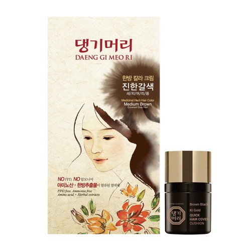 Daeng Gi Meo Ri – Korean Herbal Hair Dye Color Cream [Medium Brown] - PPD-Free Gray Hair Protection, High-Keratin Formula, 5 Oz + Ki Gold Quick Hair Cover Cushion [Brown Black] 8ml