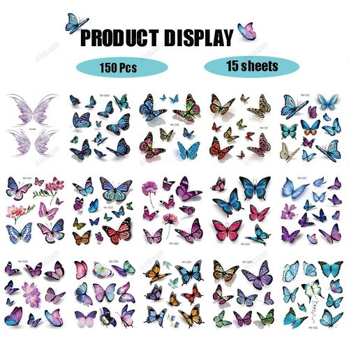 150 Pcs Butterfly Makeup Temporary Tattoos for Kids Women Girls, Waterproof Colorful Butterflies Wings Fake Tattoo Stickers Face Body Arm Birthday Party Favors Makeup Supplies