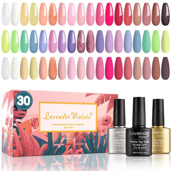 Lavender Violets Gel Nail Polish Kit 27+3 Colors Pink Brown and White Soak-off UV LED Nail Gel with Base, Matte and Glossy Top Coat