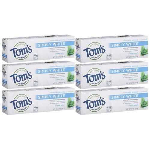 Tom's of Maine Natural Simply White Fluoride Toothpaste, Clean Mint, 4.7 oz. 6-Pack (Packaging May Vary)