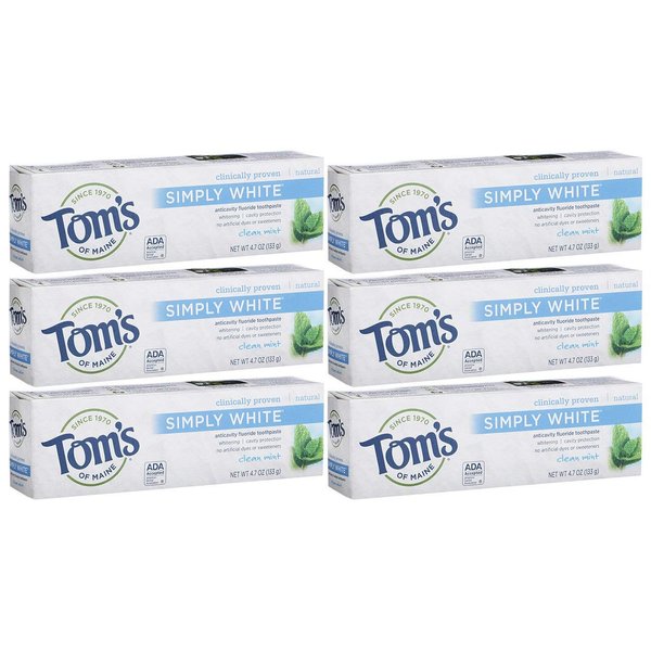 Tom's of Maine Natural Simply White Fluoride Toothpaste, Clean Mint, 4.7 oz. 6-Pack (Packaging May Vary)