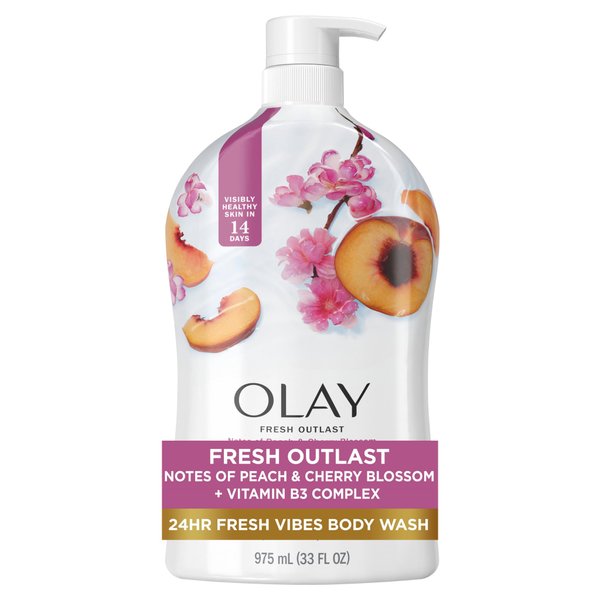 Olay Fresh Outlast Body Wash for Women, 24hr Fresh Vibes, Refreshing & Restorative, Paraben Free, Peach and Cherry Blossom Scent, 33 fl oz
