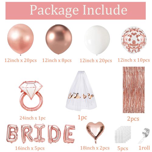 Bachelorette Party Decorations Bridal Shower Decorations - Rose Gold White Balloons, BRIDE Balloons, Curtains, Bachelorette Veil,Love Diamond Ring Champagne Balloons For Wedding Party Decorations